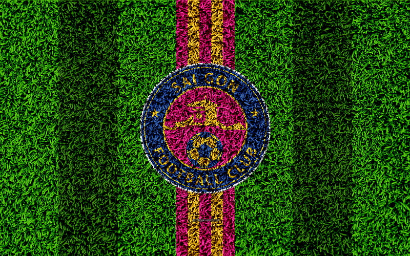 Sai Gon FC logo, football lawn, Vietnamese football club, pink blue lines, grass texture, emblem, V League 1, Ho Chi Minh City, Vietnam, football, HD wallpaper