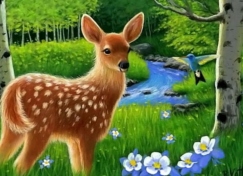 Joyful Spring, painting, flowers, birches, creek, trees, artwork, meadow, deer, HD wallpaper