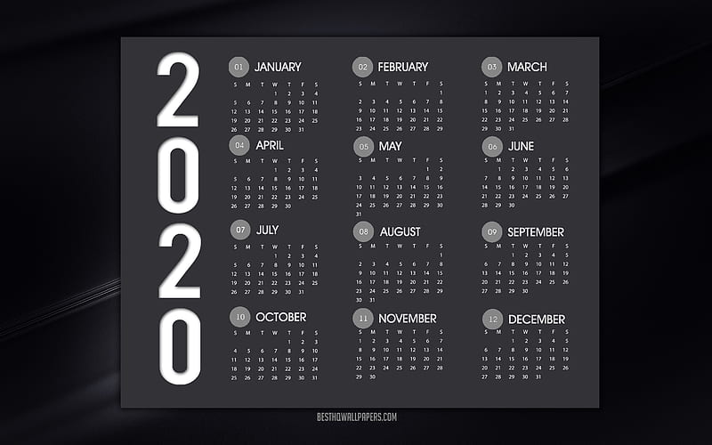 2020 Calendar, black stylish background, black lines background, 2020 black calendar, calendar for 2020 all months, Year 2020 Calendar, HD wallpaper