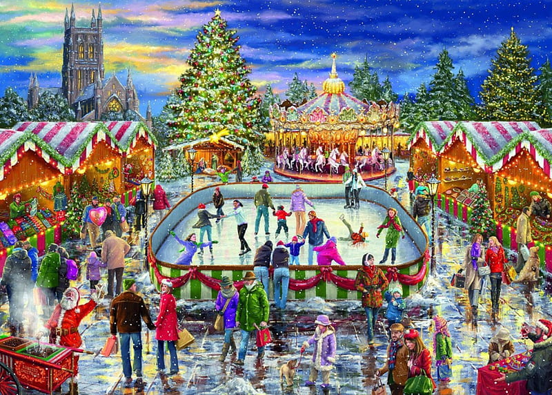 Christmas Market, christmas tree, decoration, people, shops, artwork, skating, xmas, HD wallpaper