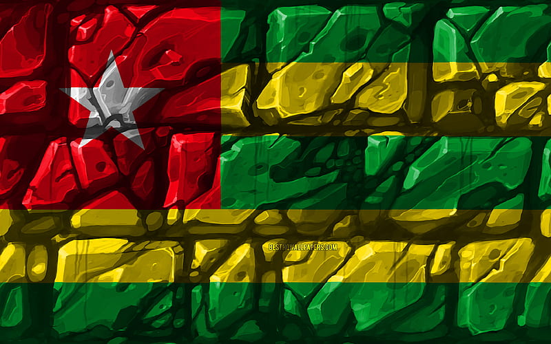 Togolese flag, brickwall African countries, national symbols, Flag of Togo, creative, Togo, Africa, Togo 3D flag, HD wallpaper