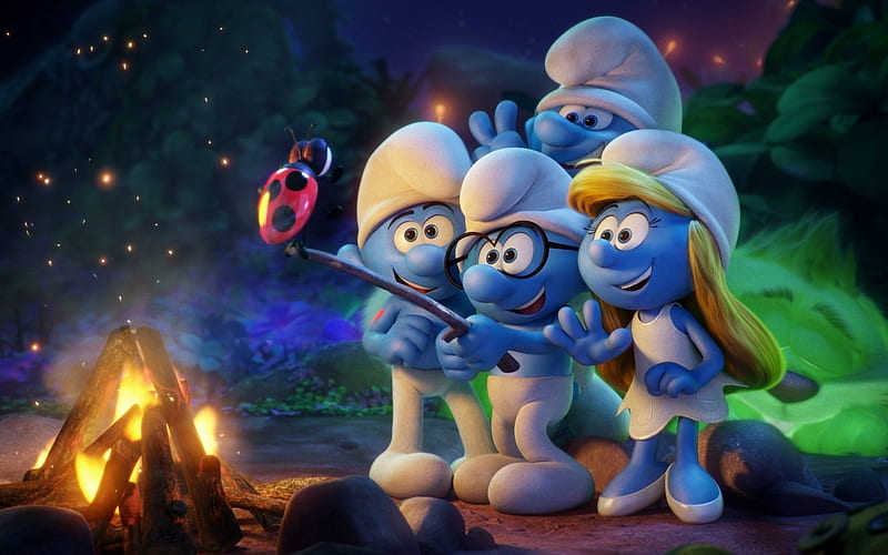 Smurfs: The Lost Village (2017), poster, smurfs, movie, fire, ladybug, the lost village, white, barbeque, blue, night, HD wallpaper