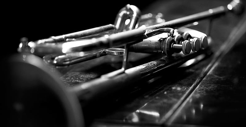 Trumpet Still Life, instrument, graphy, music, trumpet, black, monochrome, white, HD wallpaper