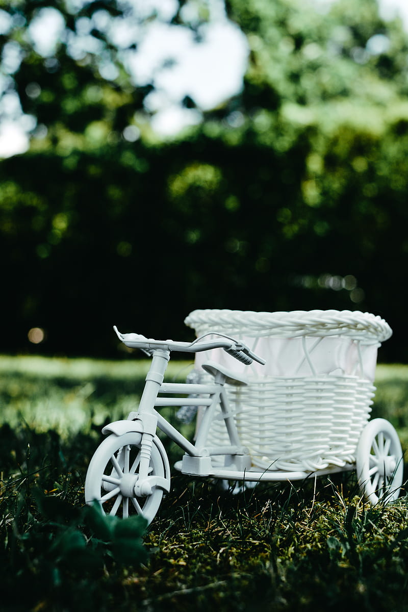 bicycle, basket, decorative, white, garden figure, HD phone wallpaper