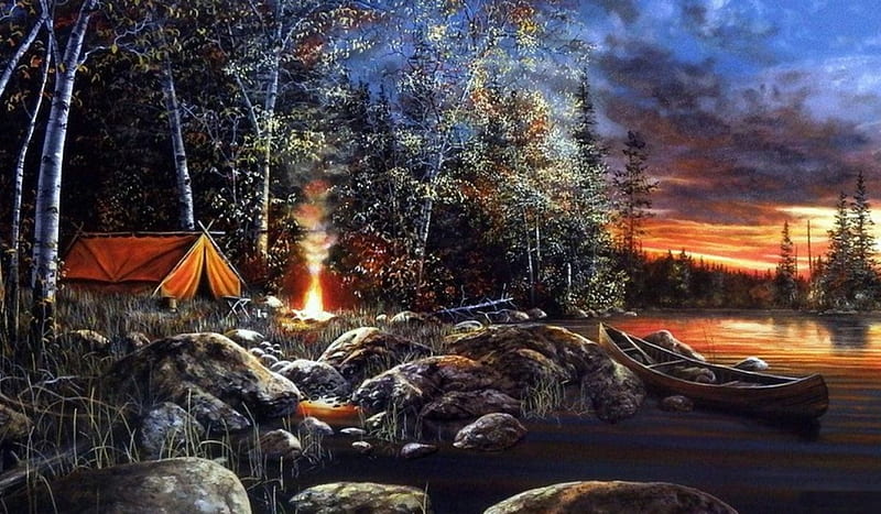 Twilight Fire, forest, rocks, tent, sunset, trees, artwork, stones, boat, painting, reflection, HD wallpaper
