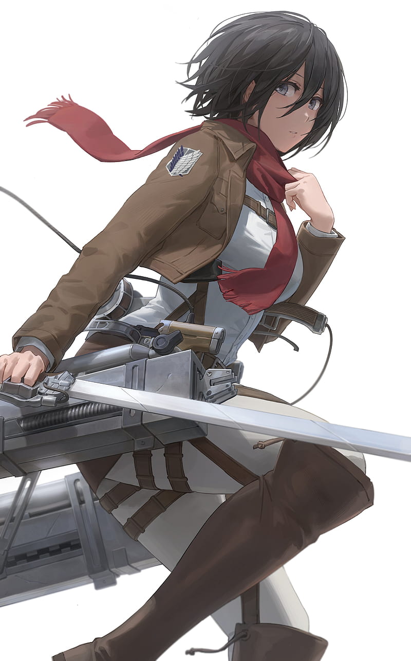Shingeki no Kyojin, sideboob, brown boots, 2D, women with swords, thighs, scarf, hair in face, black hair, short hair, parted lips, brown jacket, Military Uniform, female soldier, anime, simple background, Mikasa Ackerman, anime girls, vertical, looking at viewer, bangs, black eyes, curvy, fantasy weapon, open jacket, thigh strap, fan art, yohan1754, side view, suspenders, blushing, army girl, HD phone wallpaper