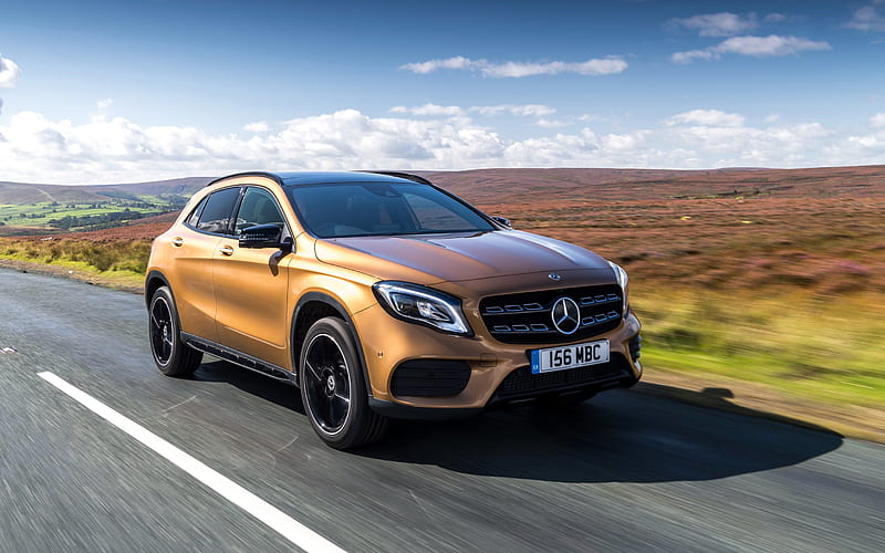 Mercedes-Benz GLA AMG, 2018, 220d, 4MATIC, AMG Line, front view, compact crossover, new gold GLA, Mercedes-Benz, HD wallpaper