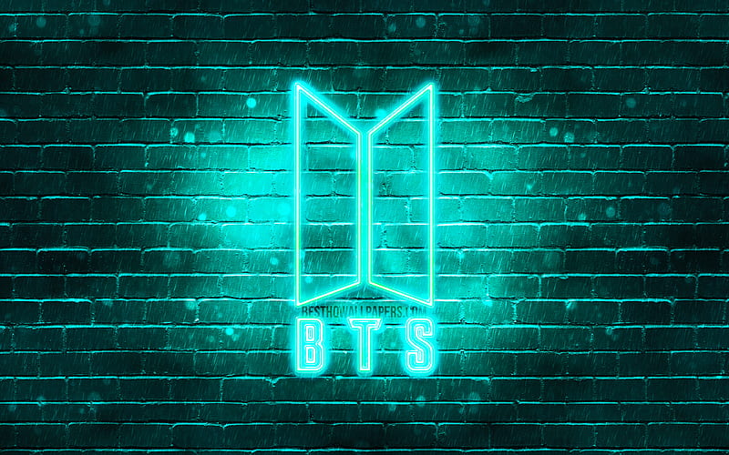 BTS turquoise logo Bangtan Boys, turquoise brickwall, BTS logo, korean band, BTS neon logo, BTS, HD wallpaper