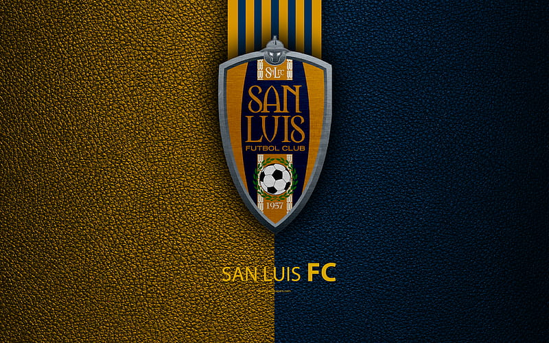 San Luis FC logo, leather texture, Chilean football club, emblem, Primera Division, blue gold lines, San Luis Potosi, Mexico, football, HD wallpaper