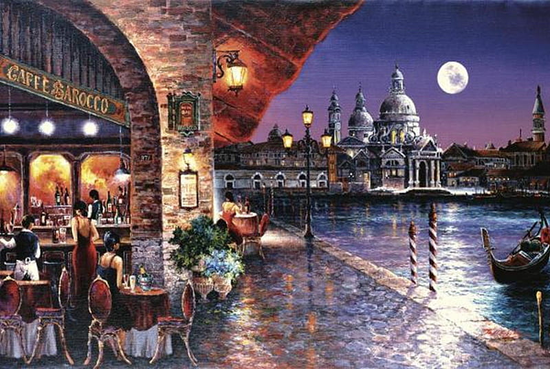 Cafe Barocco, moon, paintings, coffee, Italy, nature, artwork, HD wallpaper