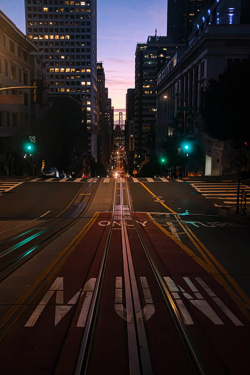 night city, road, rails, buildings, HD phone wallpaper