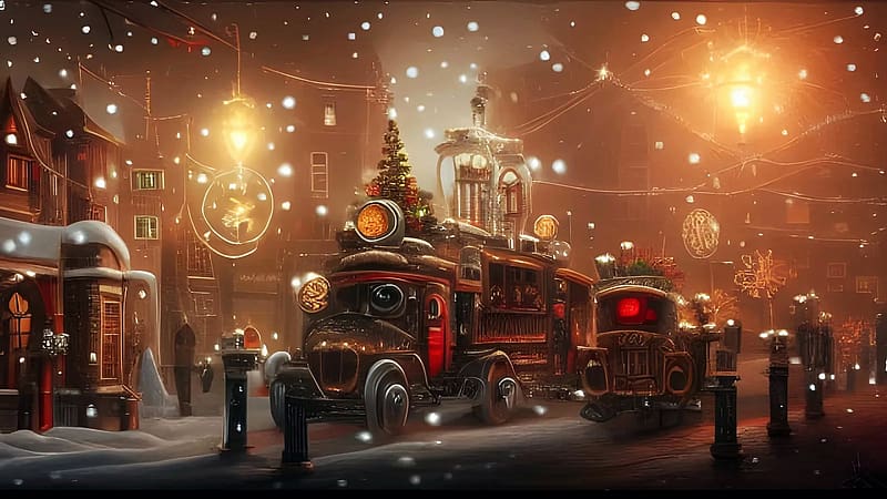 Steampunk Christmas, artwork, painting, christmas, cars, snow, people, HD wallpaper