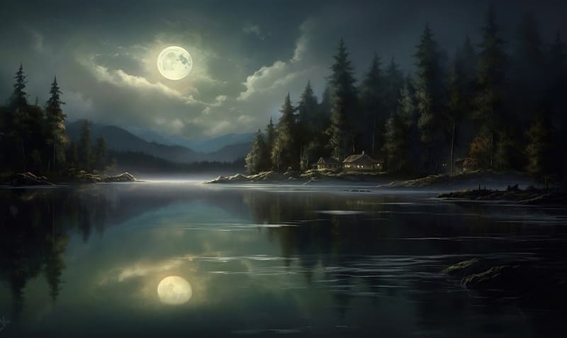 Full Moon in the sky, Lake, Nature, Night, Sky, Moon, HD wallpaper