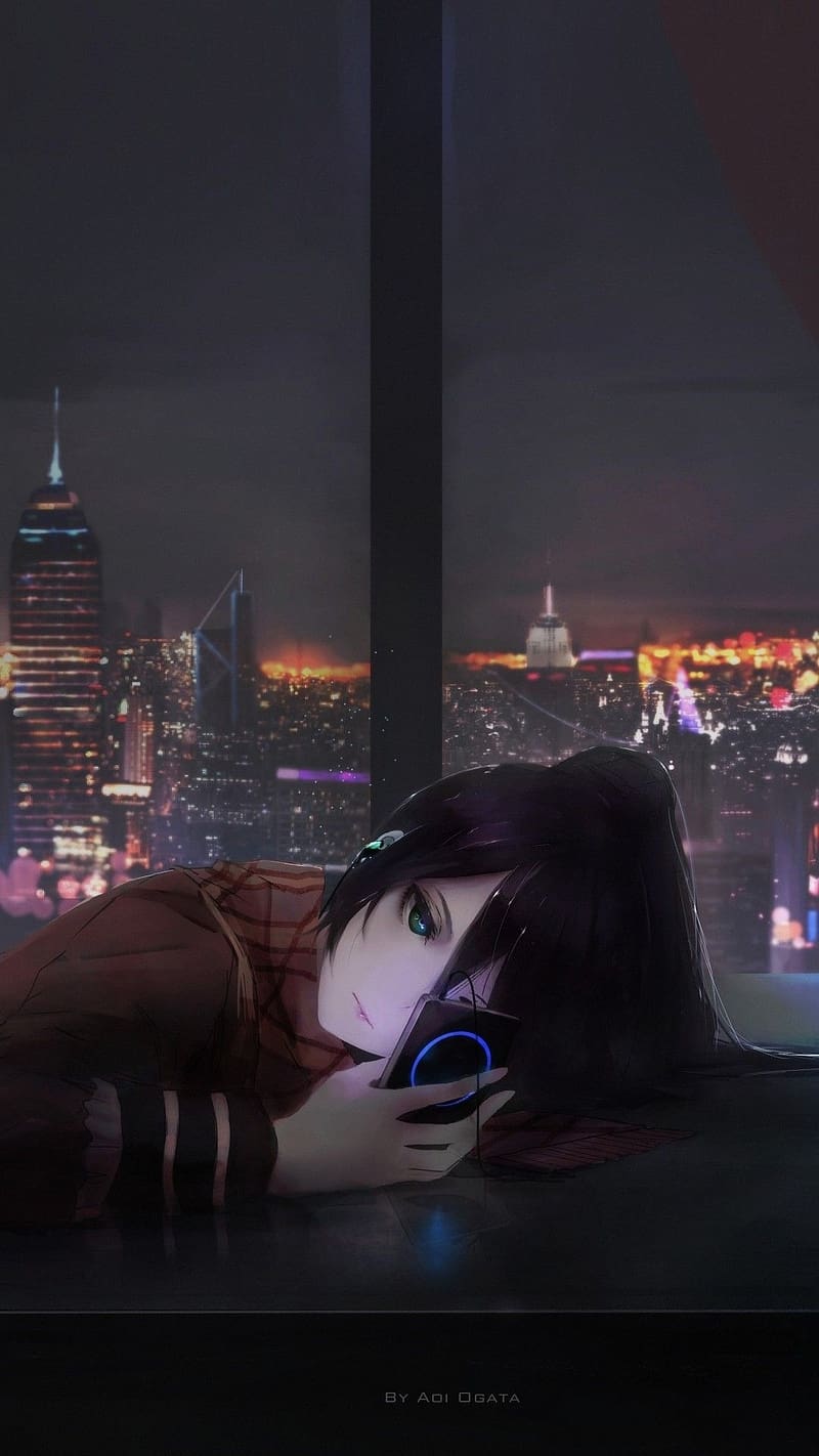 Anime Sad Girl, Listening Music, animation, HD phone wallpaper