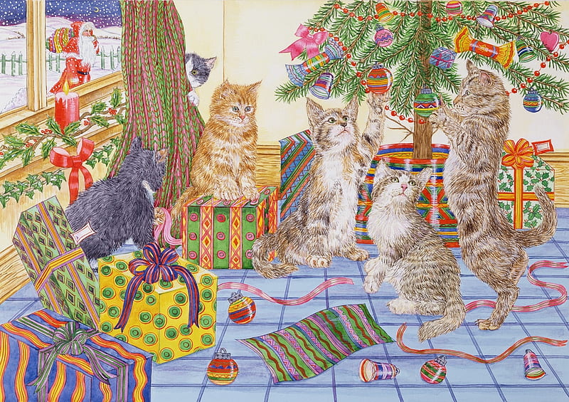 Christmas fun for cats, painting, funny, kitten, cat, pisici, gift, art, christmas, craciun, tree, pictura, HD wallpaper