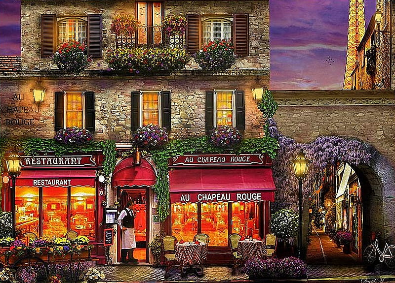 Restaurant Au Chapeau Rouge, Paris, lights, house, digital, flowers, evening, sky, artwork, HD wallpaper