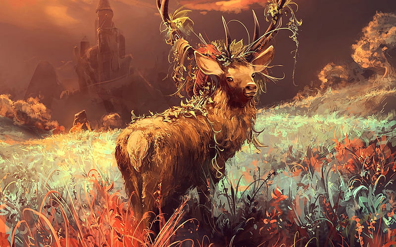 Deer, fantasy, aquasixio, luminos, orange, horns, blue, HD wallpaper