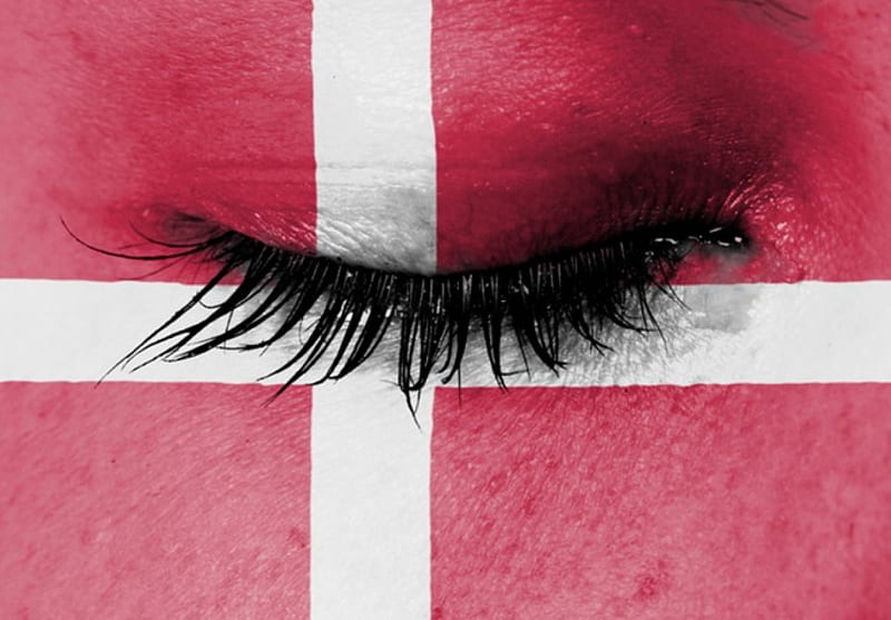 danish face flag, red and white, Denmark, eye, lashes, flag, HD wallpaper