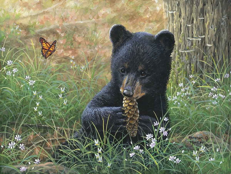 Snacktime, tree, butterfly, painting, bear, flowers, pinecone, pup, artwork, HD wallpaper