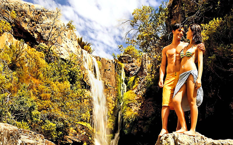 couple on their vacaion, dn, amzing, waterfalls, couple, HD wallpaper