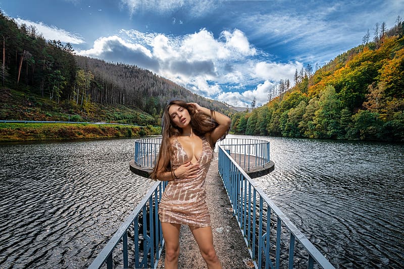 Gloria Sol at Lake Herzberger, Germany, model, dress, lake, brunette, germany, HD wallpaper