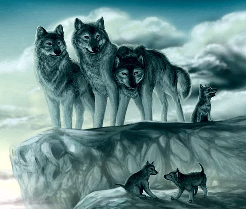 Wolfpack, predators, snow, painting, artwork, winter, pups, HD wallpaper