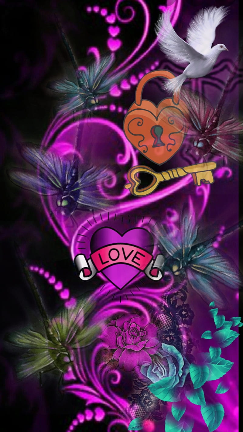 Dream Land, bright, desenho, dove, dragonfly, fantasy, flowers, love, purple, HD phone wallpaper