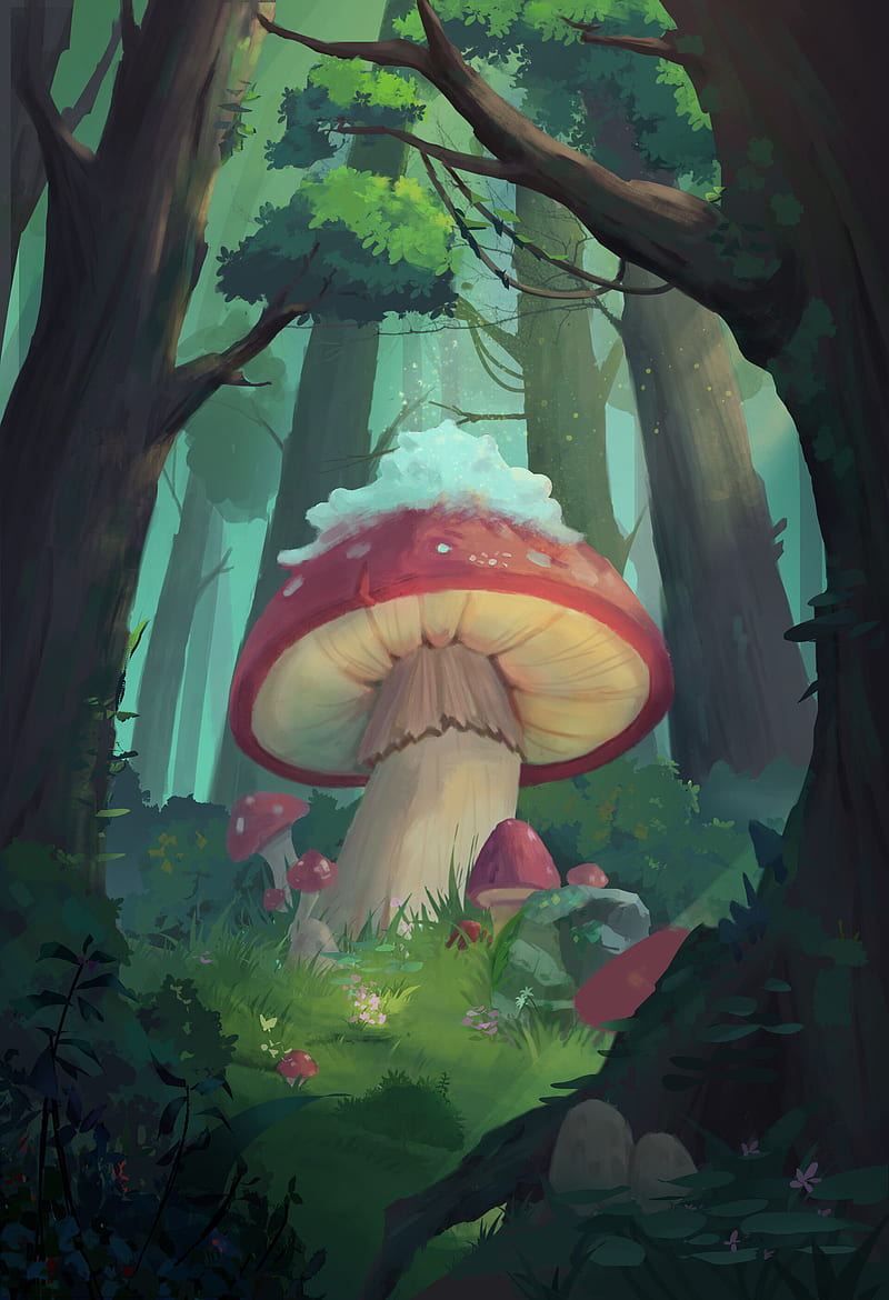 mushrooms, forest, fairy tale, art, HD phone wallpaper