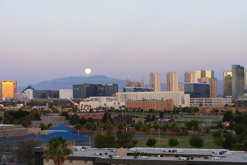 __Las Vegas Strip Full Moon Morning_June_2013, Skyline, Full Moon, Las Vegas Strip, Architecture, HD wallpaper