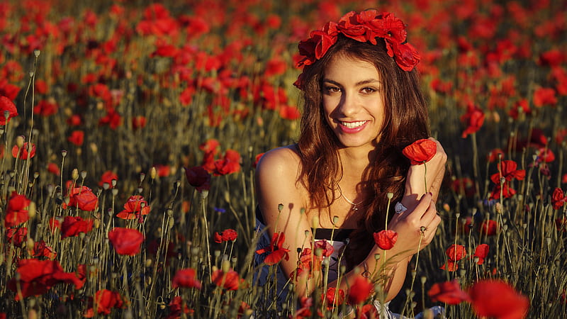 Beautiful Smiley Girl Model Is Sitting In Red Poppy Flowers Field Wearing White Black Dress Girls, HD wallpaper
