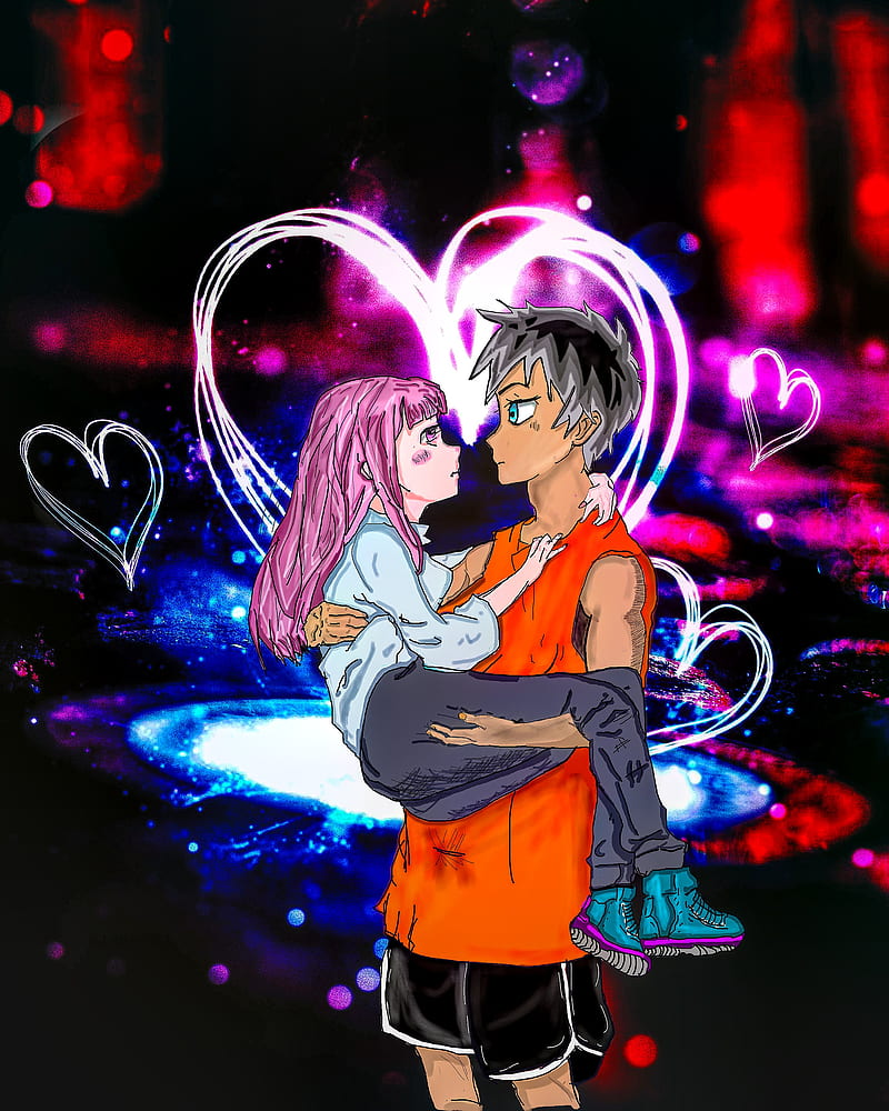 Anime couple, anime girl, anime lovers, hearts, corazones, HD phone wallpaper