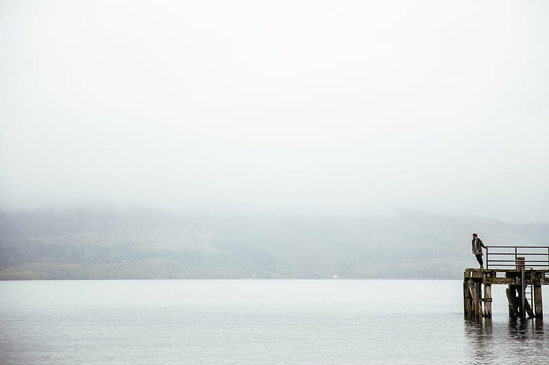 pier, man, loneliness, melancholia, lake, fog, water, HD wallpaper