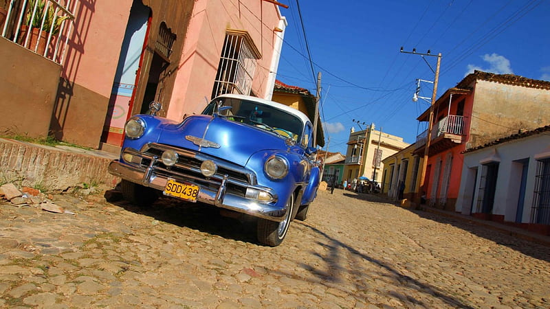 classic chevy bel air on a cuban street, town, car, classic, street, blue, HD wallpaper
