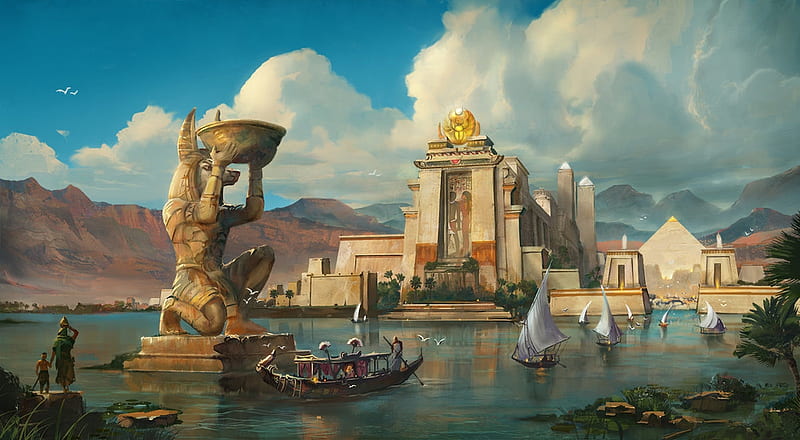 Assassins's Creed Origins, art, cloud, luminos, assassins creed, game, origins, boat, fantasy, water, summer, egypt, blue, HD wallpaper