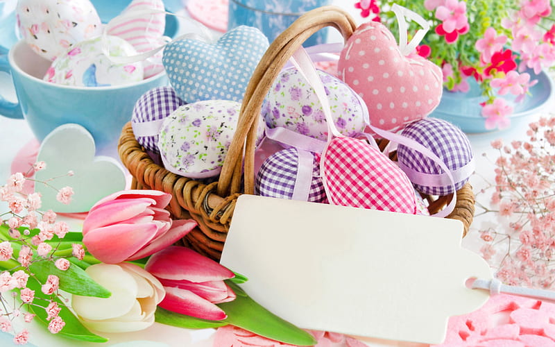 Happy Easter, 2018, basket with Easter eggs, spring, decoration, congratulation, pink tulips, HD wallpaper