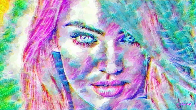Candice Swanepoel, colorful, luminos, model, yellow, cehenot, abstract, green, painting, face, portrait, pictura, pink, blue, HD wallpaper