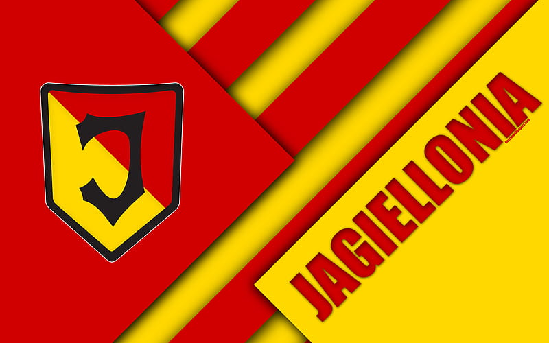 Jagiellonia FC logo, material design, Polish football club, red yellow abstraction, Bialystok, Poland, Ekstraklasa, football, HD wallpaper