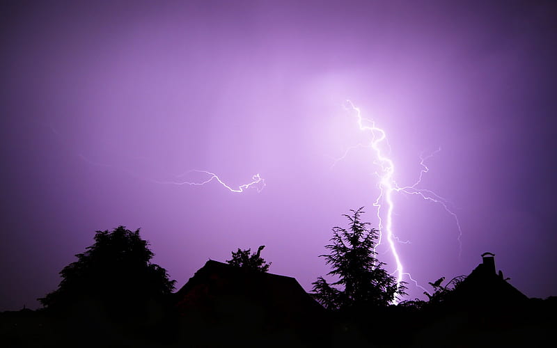 Midnight Lightning Storm, force of nature, purple sky, lightning, houses, trees, storm, weather, HD wallpaper