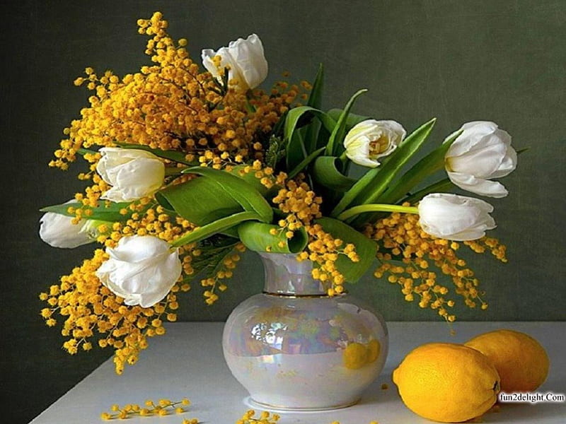 SPRING BOUQUET, vase, spring, seasons, fruit, still life, glass, flowers, tulips, lemons, mimosa, HD wallpaper