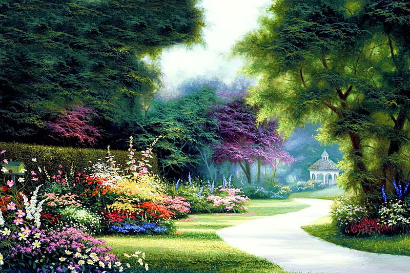 Summer in the Park, painting, flowers, path, trees, gazebo, artwork, HD ...