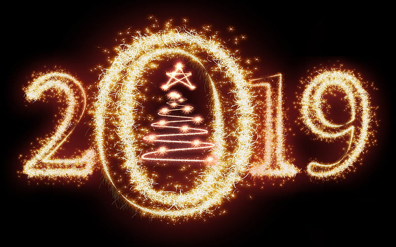 2019 New Year, fireworks, new Christmas tree, night sky, 2019 concepts, creative 2019 background, HD wallpaper