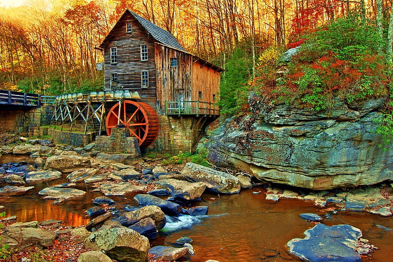 Water Mill-R, rocks, pretty, autumn, bonito, sunset, old, graphy, leaves, nice, stones, beauty, season, river, sunrise, reflection, scenery, forest, lovely, view, colors, trees, water, cool, r, nature, landscape, HD wallpaper