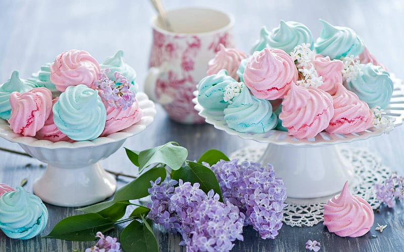 Sweets, lilac, food, dessert, flower, pastel, white, pink, blue, HD wallpaper