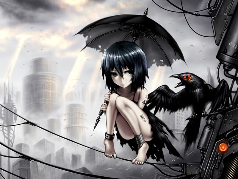 6 Slave, alone, bird, girl, anime, dark, black, umbrella, HD wallpaper