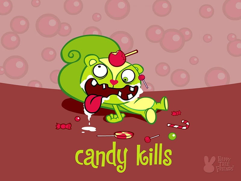 Candy Kills, candy, sofa, figure with tongue hanging out, HD wallpaper