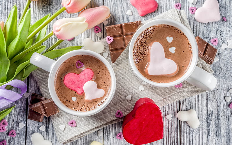 coffee with marshmallows two cups of coffee, cups with coffee, love concepts, coffee, HD wallpaper