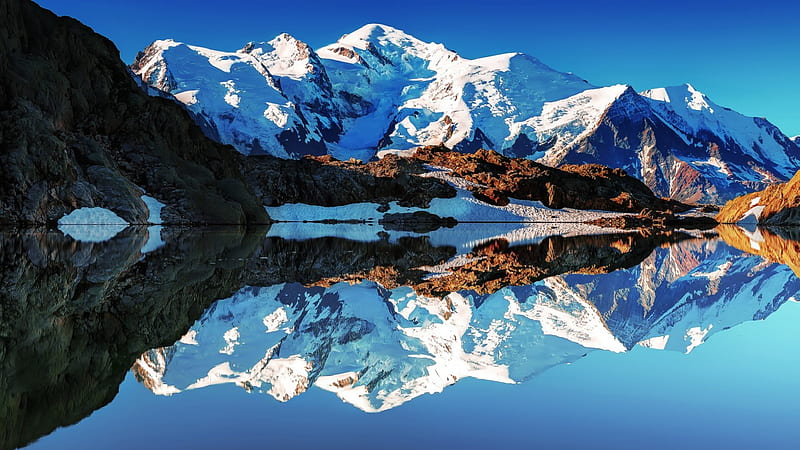 beautiful reflection of mont blanc in the alps, mountain, reflection, snow, lake, HD wallpaper