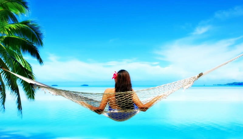 Summer Day , grpahy, ocean, relax, hammock, woman, sea, girl, summer, peaceful, blue, HD wallpaper