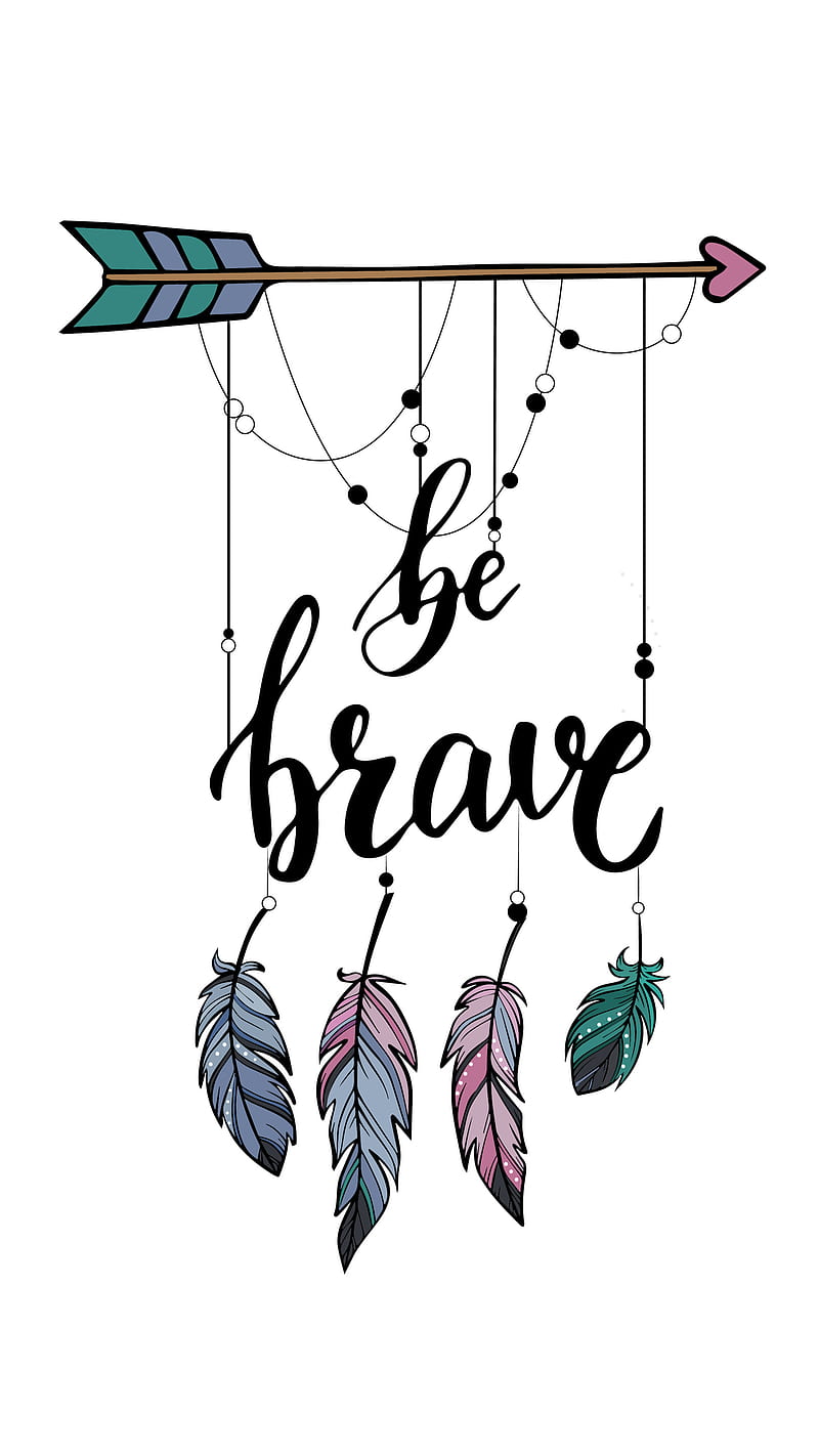 Be Brave, Kiss, arrow, beads, boho, dream catcher, dreamcatcher, feathers, gray, green, purple, HD phone wallpaper