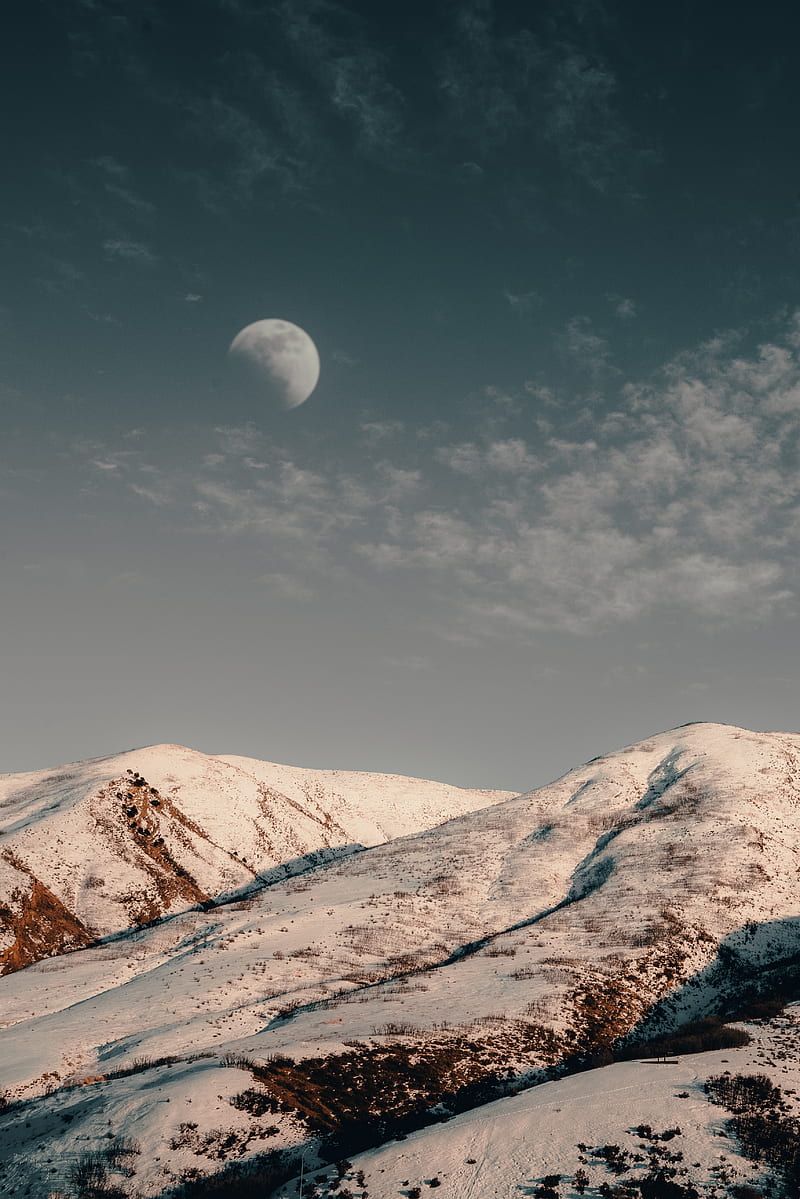 Moon Over Snowcapped Mountain, HD phone wallpaper